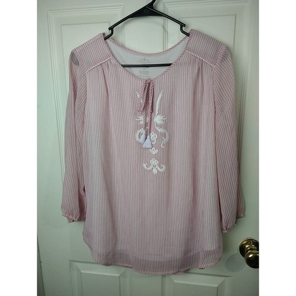 St. Johns Bay V Neck Tassel Embroidery Front Pink White Striped Blouse. Size M - Picture 1 of 11